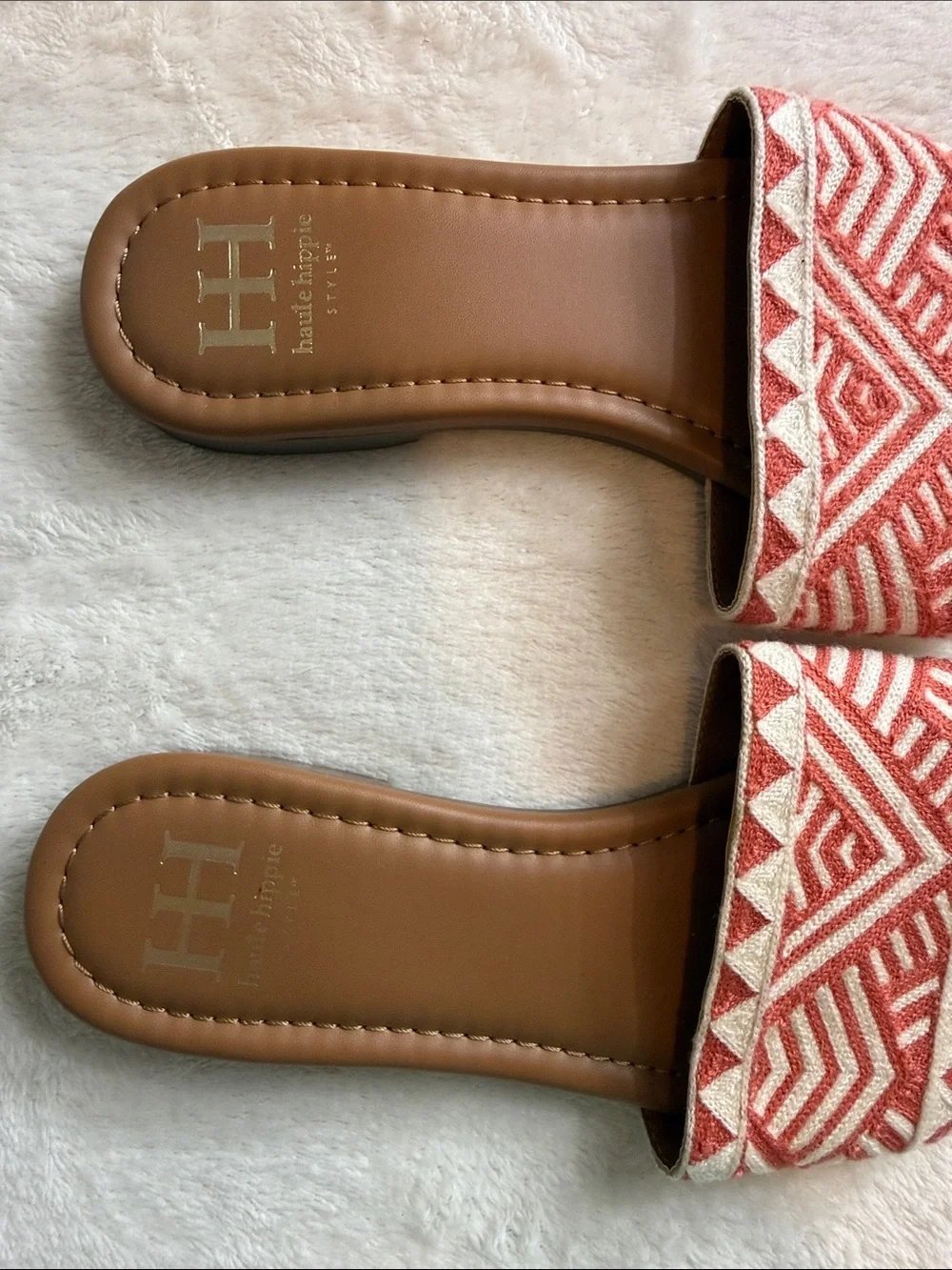 Haute Hippie Coral and Cream Embroidered Boho Slide Sandals Size 9